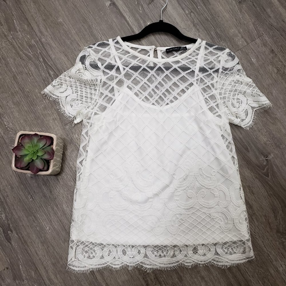 Black Tape Layered White Lace Popover Blouse Sz M 2 Piece